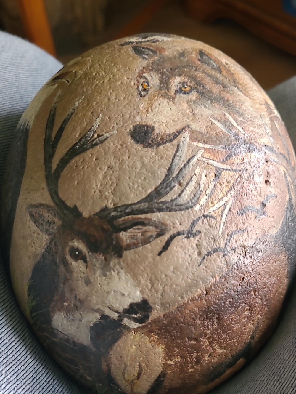Hand-Painted Wildlife River Rock - Wolf & Deer